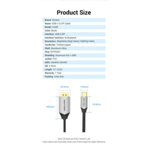 Дата кабель USB 3.0 A Male to C Male Cable 1.5M Black PVC Type VENTION (COZBG)