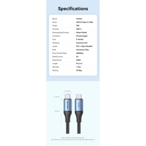 Дата кабель USB 2.0 C Male to C Male 240W Cable 1.5M Black Aluminum Alloy Type VENTION (TREBG)