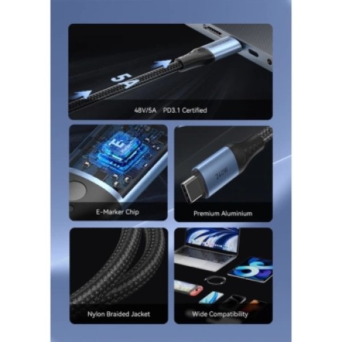 Дата кабель USB 2.0 C Male to C Male 240W Cable 1.5M Black Aluminum Alloy Type VENTION (TREBG)