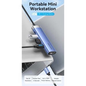 Концентратор VENTION USB-C to HDMI/USB 3.0 x 3/PD Docking Station 0.15M Blue Aluminum Alloy Type (TGESB)