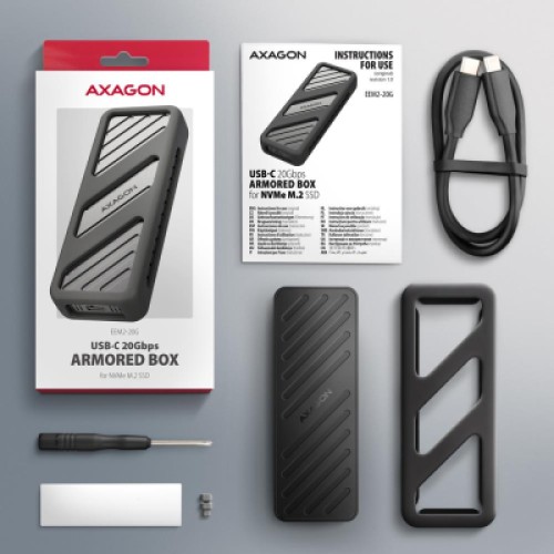 Карман внешний AXAGON USB-C 20Gbps metal box for M.2 NVMe SSD ARMORED (EEM2-20G)