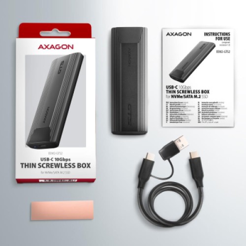Карман внешний AXAGON USB-C 10Gbps metal box for M.2 NVMe & SATA SSD THIN SCREWLESS (EEM2-GTS2)