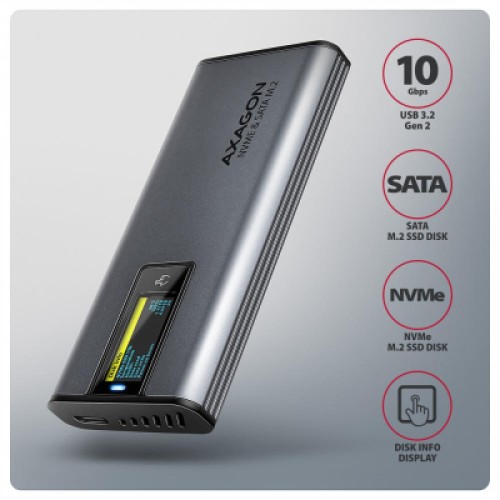 Карман внешний AXAGON USB-C 10Gbps metal box with info display for M.2 NVMe & SATA SSD (EEM2-SD2)