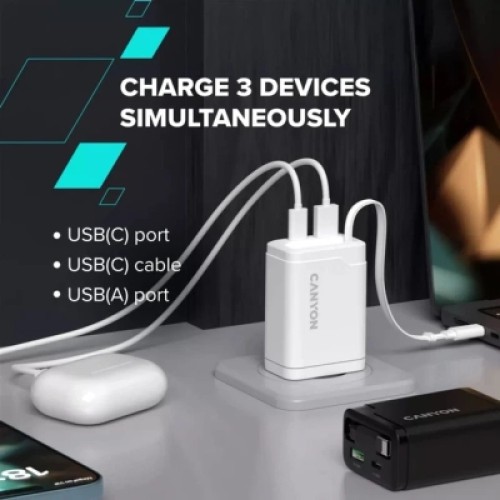 Зарядное устройство Canyon 1xUSB-C PD65W + 1xUSB QC3.0 + cable USB-C to USB-C white (CNS-CURC65ACW)