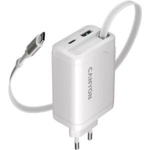 Зарядное устройство Canyon 1xUSB-C PD65W + 1xUSB QC3.0 + cable USB-C to USB-C white (CNS-CURC65ACW)