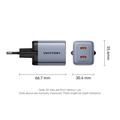 Зарядное устройство VENTION 2xUSB-C PD45W GaN gray (FCDH0-EU)