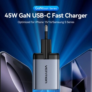 Зарядное устройство VENTION 2xUSB-C PD45W GaN gray (FCDH0-EU)