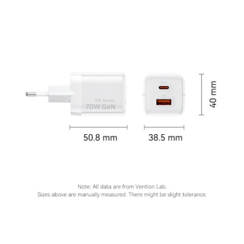 Зарядное устройство VENTION 1xUSB-C PD70W + 1xUSB QC3.0 22.5W GaN transparent gray (FCGH0-EU)