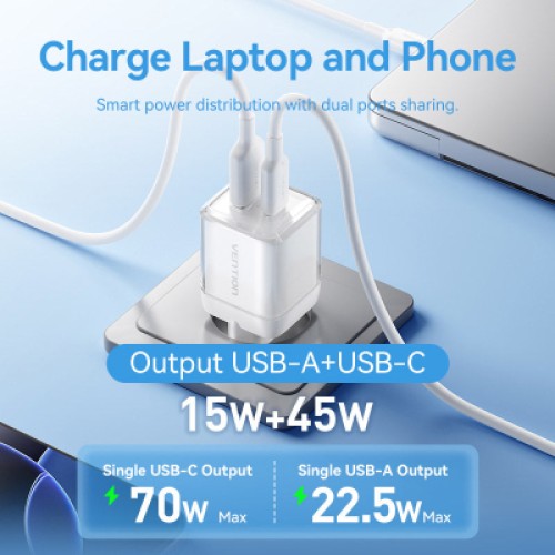 Зарядное устройство VENTION 1xUSB-C PD70W + 1xUSB QC3.0 22.5W GaN transparent gray (FCGH0-EU)