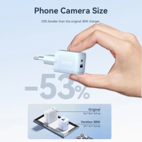 Зарядное устройство VENTION 1xUSB-C PD30W + 1xUSB QC3.0 30W GaN black (FEQB0-EU)