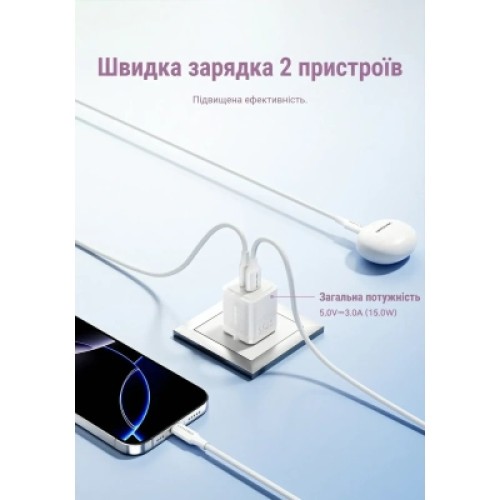 Зарядное устройство VENTION 1xUSB-C PD30W + 1xUSB QC3.0 30W GaN white (FEQW0-EU)