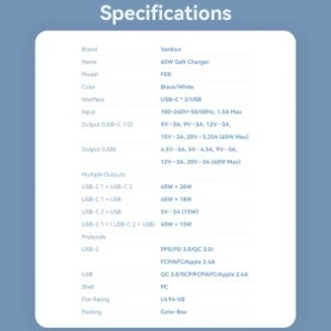 Зарядное устройство VENTION 2xUSB-C PD65W + 1xUSB QC3.0 60W GaN white (FERW0-EU)