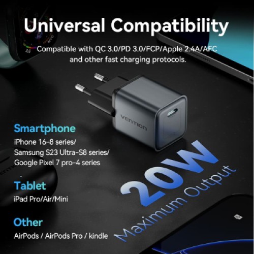 Зарядное устройство VENTION USB-C PD20W GaN gray (FEVH0-EU)