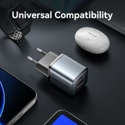 Зарядное устройство VENTION 1xUSB-C PD30W + 1xUSB QC3.0 18W GaN gray (FEWH0-EU)