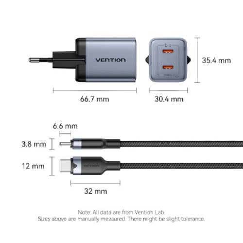 Зарядное устройство VENTION 2xUSB-C PD45W GaN + cable USB-C to USB-C 1.0m black gray (TZ-FCDH0-EU)