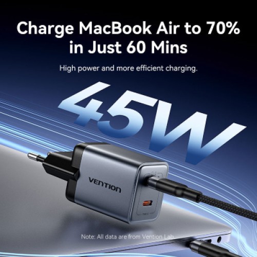 Зарядное устройство VENTION 2xUSB-C PD45W GaN + cable USB-C to USB-C 1.0m black gray (TZ-FCDH0-EU)