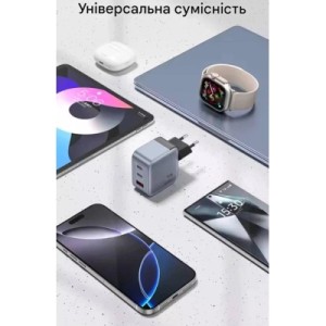 Зарядное устройство VENTION 1xUSB-C PD70W + 1xUSB QC3.0 22.5W GaN + cable USB-C to USB-C 1.0m 5A gray (TZ-FCGH0-EU)