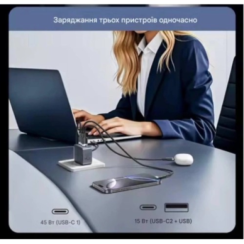 Зарядное устройство VENTION 1xUSB-C PD70W + 1xUSB QC3.0 22.5W GaN + cable USB-C to USB-C 1.0m 5A gray (TZ-FCGH0-EU)