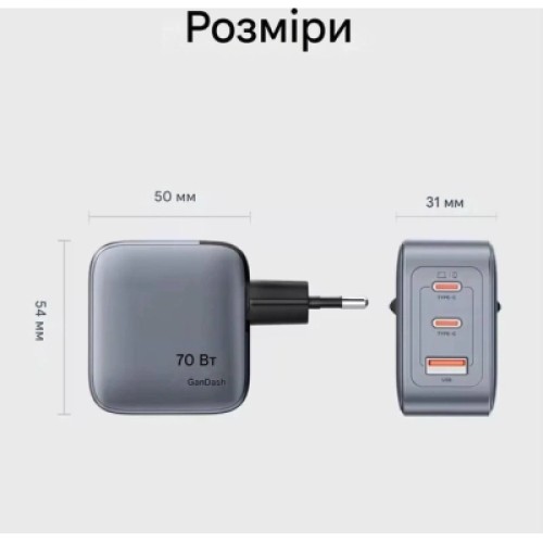 Зарядное устройство VENTION 1xUSB-C PD70W + 1xUSB QC3.0 22.5W GaN + cable USB-C to USB-C 1.0m 5A gray (TZ-FCGH0-EU)