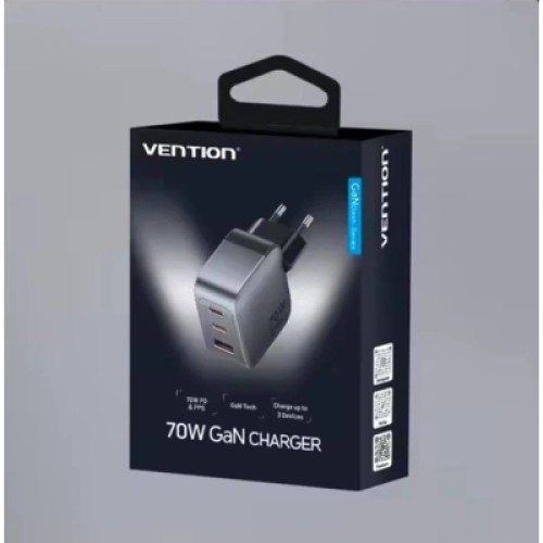 Зарядное устройство VENTION 1xUSB-C PD70W + 1xUSB QC3.0 22.5W GaN + cable USB-C to USB-C 1.0m 5A gray (TZ-FCGH0-EU)