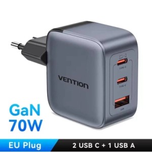 Зарядное устройство VENTION 1xUSB-C PD70W + 1xUSB QC3.0 22.5W GaN + cable USB-C to USB-C 1.0m 5A gray (TZ-FCGH0-EU)