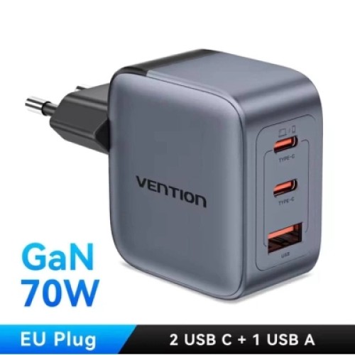 Зарядное устройство VENTION 1xUSB-C PD70W + 1xUSB QC3.0 22.5W GaN + cable USB-C to USB-C 1.0m 5A gray (TZ-FCGH0-EU)