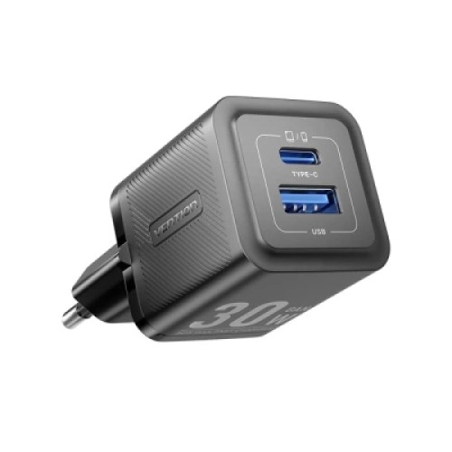 Зарядное устройство VENTION 1xUSB-C PD30W + 1xUSB QC3.0 30W GaN + cable USB-C to USB-C 1.0m black (TZ-FEQB0-EU-01)