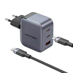 Зарядное устройство VENTION 2xUSB-C PD70W + 1xUSB QC3.0 22.5W GaN + cable USB-C to USB-C 1.0m black gray (TZ-FEXH0-EU)