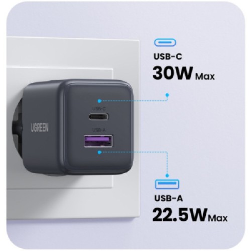 Зарядное устройство UGREEN 1xUSB-C PD30W + 1xUSB QC3.0 GaN X516 gray (55539)