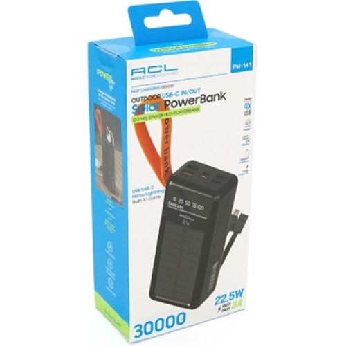 Батарея универсальная ACL 30000mAh, Solar, 22.5W, cables Type-C + Lighting, Black (ACL PW-141)