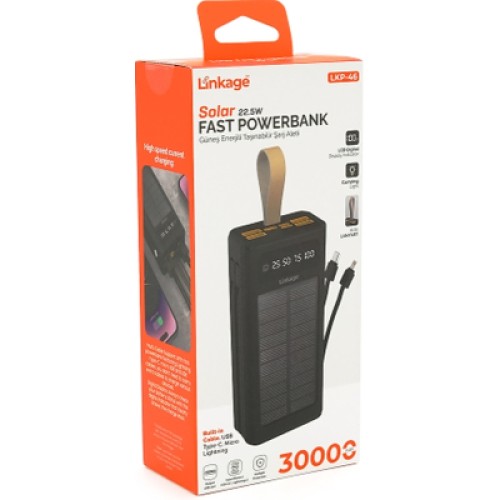Батарея универсальная Linkage 30000mAh, Solar, 22.5W, cables Туре-С+Lighting, Black (LKP-46)