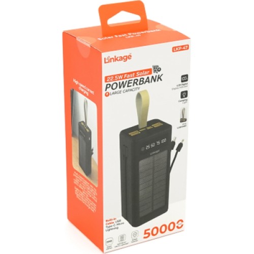 Батарея универсальная Linkage 50000mAh, Solar, 22.5W, cables Туре-С+Lighting, Black (LKP-47)