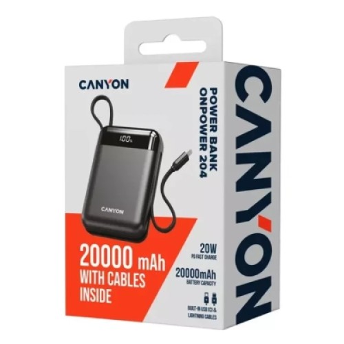 Батарея универсальная Canyon 20000mAh OnPower 204 PD/20W Built-in Lightning Cable (CNS-CPB204B)