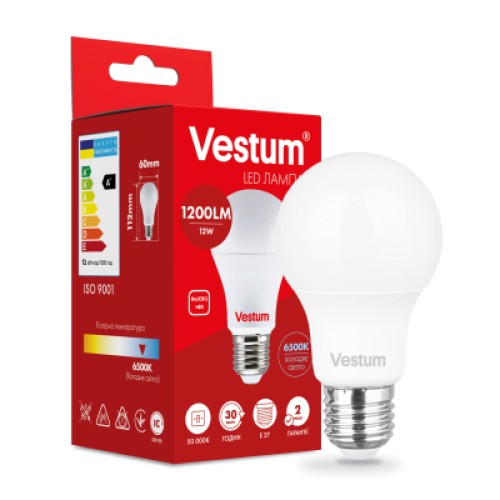 Лампочка Vestum A60 12W 6500K 220V E27 (1-VS-1115) Лампочка Vestum A60 12W 6500K 220V E27 (1-VS-1115)