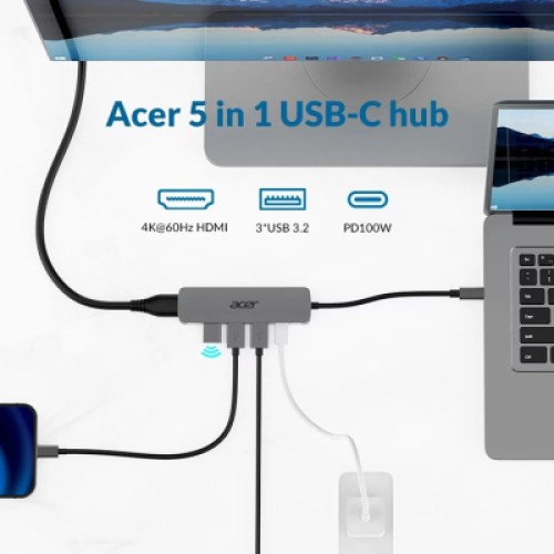 Концентратор Acer USB-C 5-in-1 3xUSB 3.0 + HDMI + USB-C gray (HP.DSCAB.021)