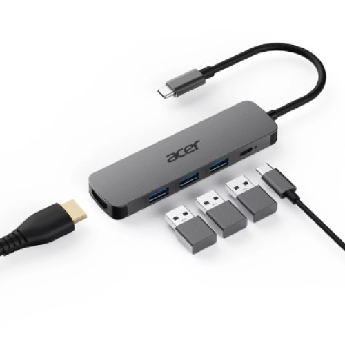 Концентратор Acer USB-C 5-in-1 3xUSB 3.0 + HDMI + USB-C gray (HP.DSCAB.021)