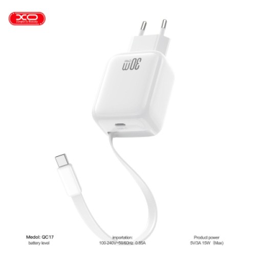 Зарядное устройство XO 1xUSB-C PD30W GaN + cable USB-C to USB-C (XO-QC17)