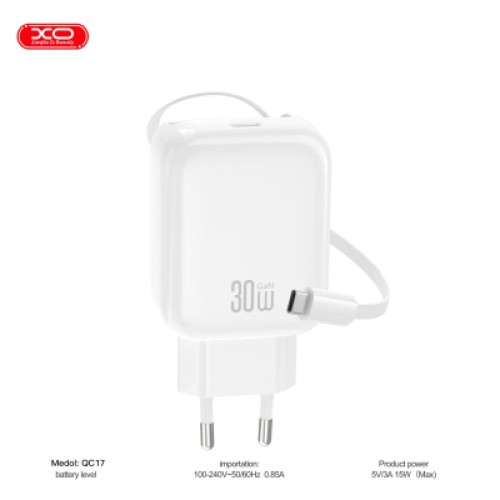 Зарядное устройство XO 1xUSB-C PD30W GaN + cable USB-C to USB-C (XO-QC17)
