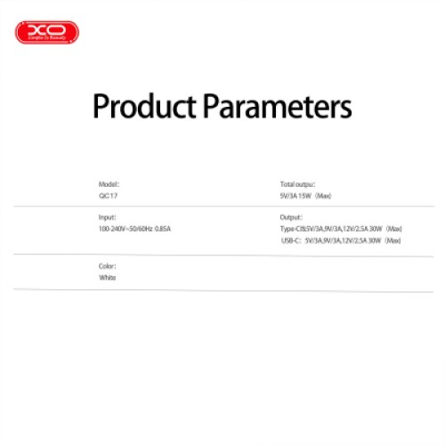 Зарядное устройство XO 1xUSB-C PD30W GaN + cable USB-C to USB-C (XO-QC17)