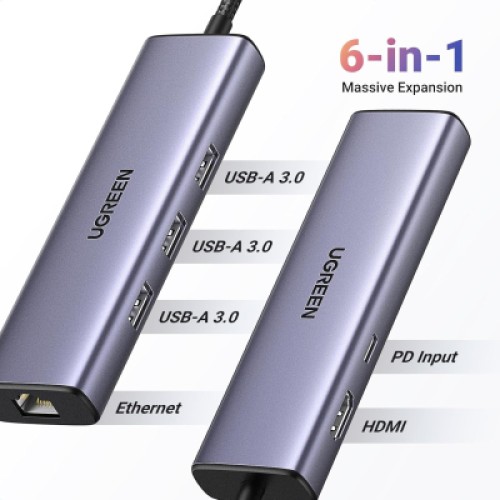Концентратор Ugreen USB-C 6-in-1 3xUSB 3.0 + HDMI 4K@30Hz + RJ45 1000Mbps + PD silver (15598)
