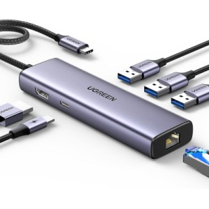 Концентратор Ugreen USB-C 6-in-1 3xUSB 3.0 + HDMI 4K@30Hz + RJ45 1000Mbps + PD silver (15598)