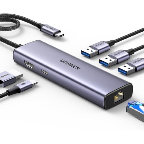 Концентратор Ugreen USB-C 6-in-1 3xUSB 3.0 + HDMI 4K@30Hz + RJ45 1000Mbps + PD silver (15598)
