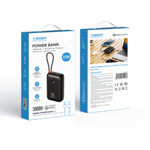 Батарея универсальная VEGER 30000mAh K3 35W PD QC3.0 black (6977525750137)