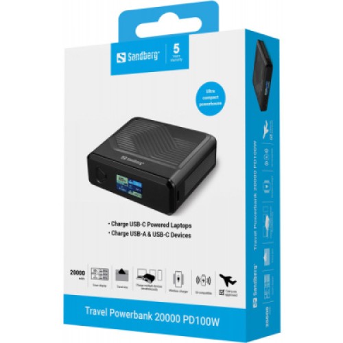 Батарея универсальная Sandberg 20000mAh Travel PD/100W, QC/3.0, QI 15W, Power-Through (421-25)