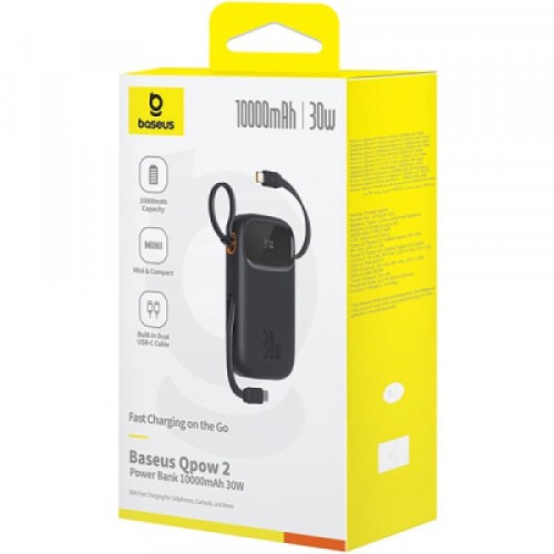 Батарея универсальная Baseus 10000mAh Qpow 2 30W PD/3.0, QC/3.0, w/built-in USB-C cable, Black (P10055008113)