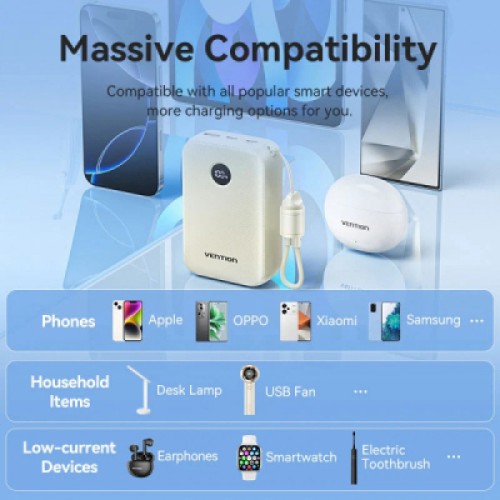 Батарея универсальная VENTION 20000mAh 22,5W Fast Charging, with built-in USB-C cable, Beige (FKBN0-C)