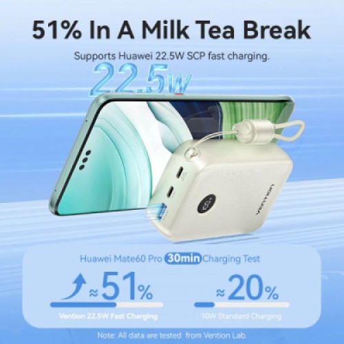 Батарея универсальная VENTION 20000mAh 22,5W Fast Charging, with built-in USB-C cable, Beige (FKBN0-C)