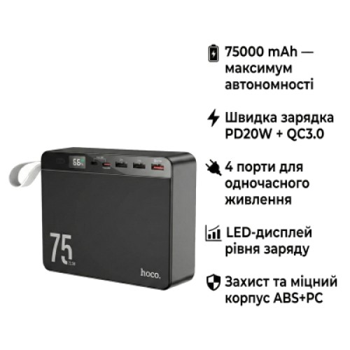 Батарея универсальная HOCO 75000 mAh Overlord PD/20W, QC/3.0/22.5W, Black (J94 / 714739)
