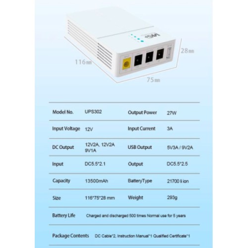 Источник бесперебойного питания RCI для роутера WGP 27W вх:5.5x2.1, вих:5.5x2.5 12V/2A, 9V/1A, USB (UPS302 / 560580)