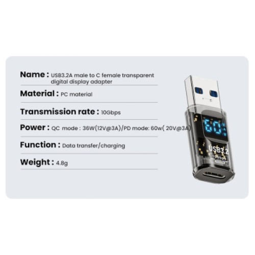 Переходник USB 3.2 AM to USB-C F 10Gbps QC 36W PD60W with display XoKo (AC-230TCU)